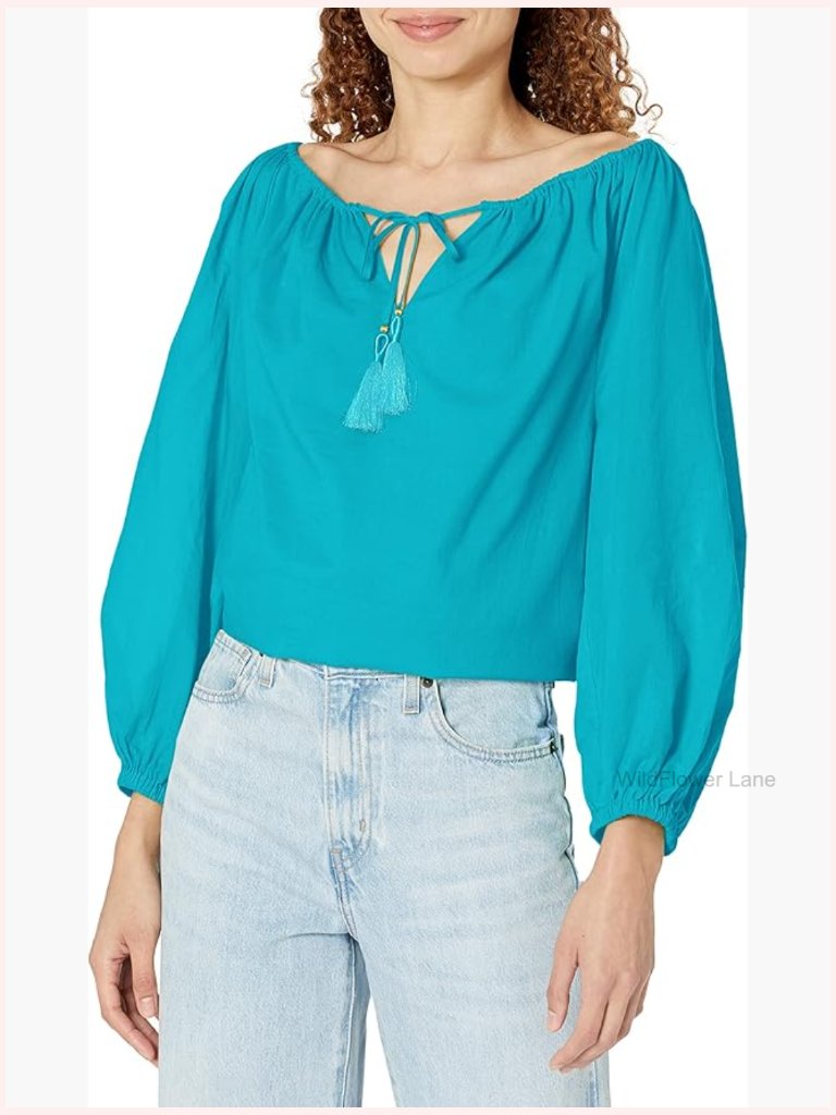 Wide V-Neck Blouson Top With Tassel Ties - Cotton Blouse